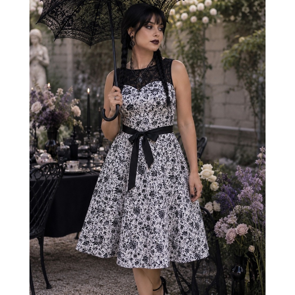 Bbonlinedress Womens Skull Floral Lace Gothic Alt Swing Dress Black White L/XL
